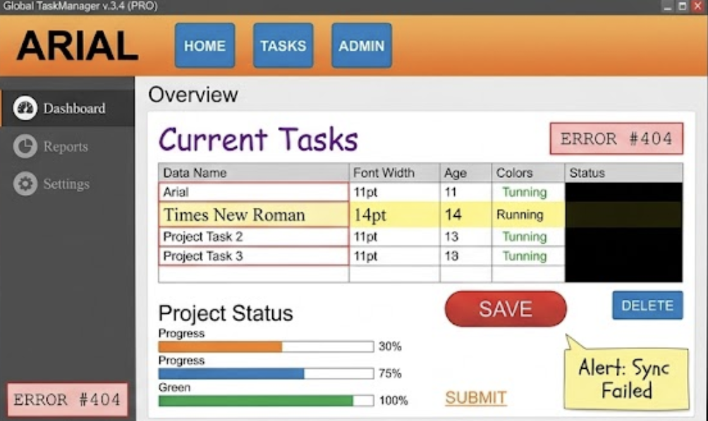 Schlechte UX mit gemischten Stilen, unklarer Struktur und konkurrierenden UI-Elementen